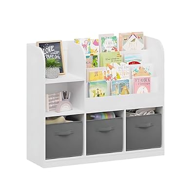 Bookcase and Bookshelf, Multifunctional Book Shelf with 3 Collapsible Fabric Drawers, Bookcase Display Stand, Toy Storage Organizer for Bedroom, Playroom, Hallway, Home Office (White/Gray)