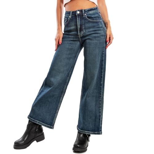 Pantalon denim palazzo Toocool taille haute galbante et jambes larges