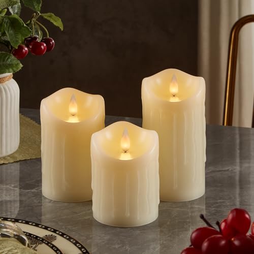 Image of Flameless Pillar Candles Flickering with Remote Timer, Battery Operated LED Candles Up to 400 Hours, 3D Moving Flame Real Wax Candles. (Ivory with Teardrop)