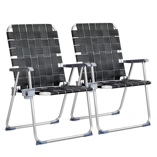 VINGLI Aluminum Oversize Patio Lawn Chairs Folding Set of 2 with Detachable Cup Holder, Webbed Beach Chair Folding Chair Outdoor Portable Camping Chair for Yard, Garden