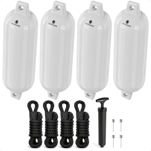 Five Oceans 4-Pack Boat Fenders - 5.5 x 20-Inch, White - Boat Bumpers for Docking - 4 Ropes Lines 3/8-Inch x 5-Ft - Inflator Pump and 4 Needles for Pontoon Fishing Bass Sport Boats Sailboats - FO4611
