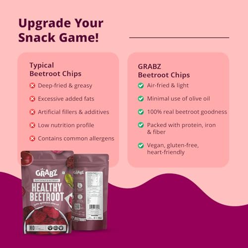 Image of GRABZ Air-Cooked Beetroot Chips | Solar-Dehydrated, Vegan, High Fibre | Oil-Free Crunchy Snack - 20g Each (Pack of 3)