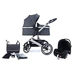 Pixini Neyla Kombi Kinderwagen mit Stoffwanne/Buggy/Wickeltasche/Getränkehalter/Regenplane/Mückennetz/Wickelauflage (3in1 Set mit Babyschale grau/anthrazit)