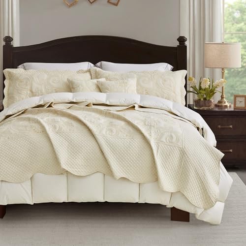 Image of Oversized Alaskan King Bedspread 138x122 Extra Wide, Stitched Paisley Quilt Set, Lightweight Reversible Coverlet, Scalloped Edge - Warm Elegant Classic Look, 5 Piece, Ivory Yellow