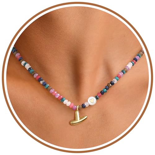 Sistble Colorful Beaded Necklace for Women Gifts for Teens Bubble Y Initial Necklaces for Teen Girls Bobo Bohemian Natural Stone Handmade Summer Beach Necklace Gifts for Friends Jewelry