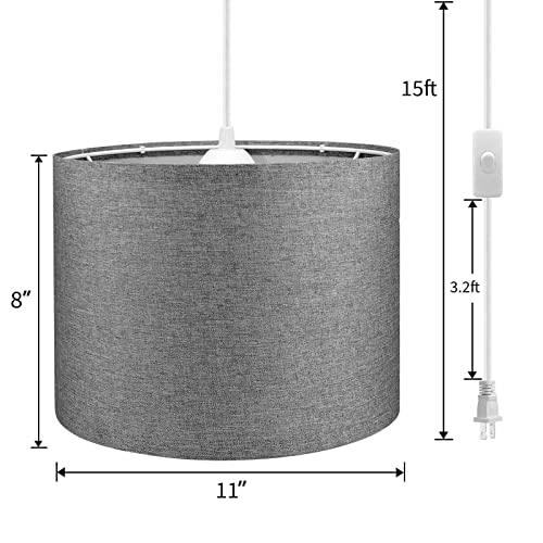 Kuaugst Plug In Pendant Light,15 Ft Hanging Lamp With Plug In Cord, On/Off Switch, Pendant Lighting With Fabric Shade, Hanging Light Fixture For Living Room, Bedroom, Dining Room, Kitchen (Gray) #TOP6