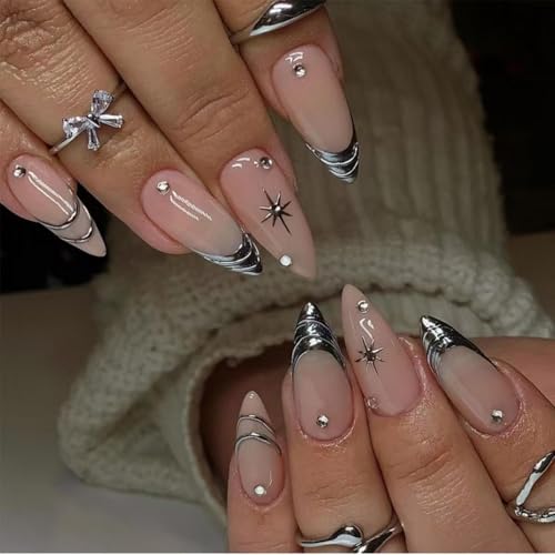 Image of Silver Press on Nails Medium Almond Fake Nails Nude Glossy False Nail with Design Shiny Rhinestone Glue on Nails Reusable Artificial Acrylic Full Cover Star Stick on Nail for Women Manicure 24Pcs