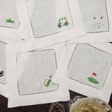 Lauusiusi Linen White Cocktail Napkins Hemstitched with Embroidered Golf Set of 6 Cloth Beverage Napkin 6'x6' Coasters for (Golf, Square(6'x6'))