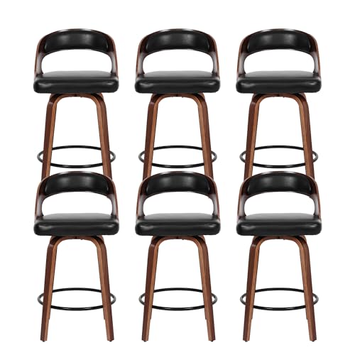 Image of Swivel Bar Stools Set of 6, 26 inch Counter Height Bar Stools with Curved Backrest, Mid-Century Modern PU Fabric Modern Island Chairs with Footrest, for Kitchen, Bar, Restaurant, Cafe, Black