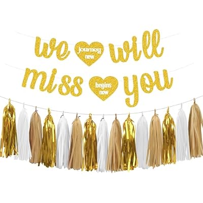 Retirement Party Decorations - We Will Miss You Banner and Paper Tassel Garland for Going Away Party Decorations Graduation Farewell Retirement Decorations, Gold