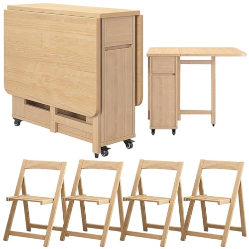 Mesa de comedor plegable con diseño de hojas caídas y sillas, juego convertible que ahorra espacio para cocina, comedor, sala de estar y oficina