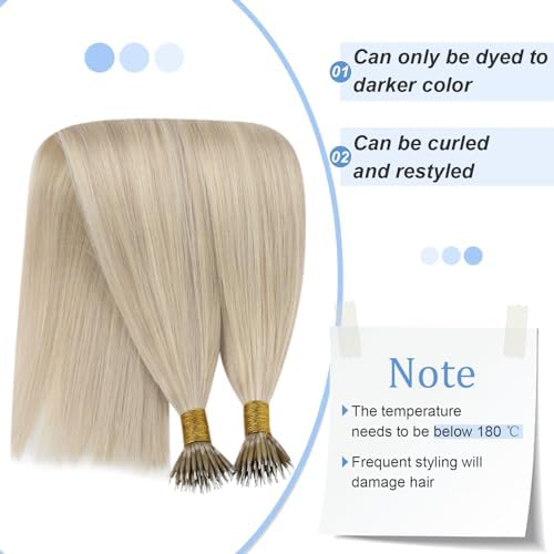 YoungSee Nano Beads Hair Extensions Human Hair Blonde Nano Human Hair Extensions Ash Blonde Highlights Blonde Nano Ring Hair Extensions for Short Hair 14 Inch 1g/s 50g #P18/613