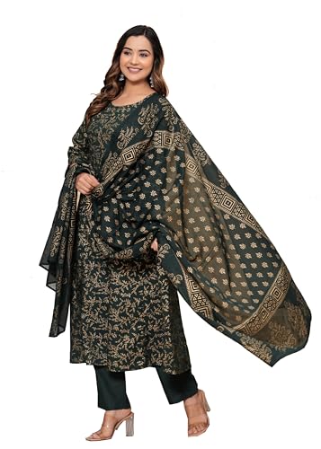 Image of PARTHVI Women's Printed Cotton Anarkali Kurta & Pant With Dupatta Set