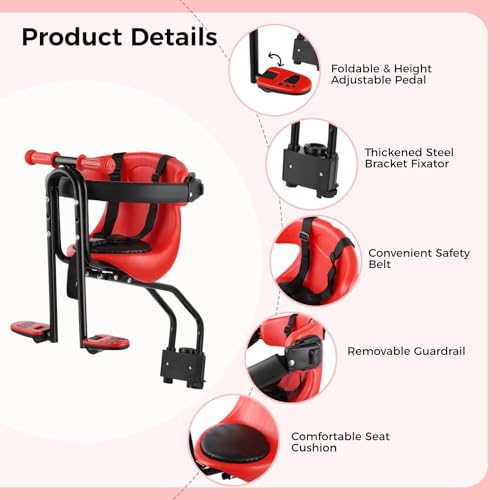 Front Mount Bike Seat, Mountain Bike Seat for Little Ones, Detachable Bicycle Seat with Guardrail and Safety Belt, Comfortable Bike Seat for Children 2~6 Years, Adult Bike Attachment - Thumbnail 5
