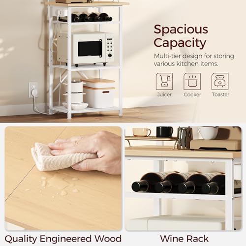 MAHANCRIS Bakers Rack with Power Outlet, Microwave Stand and Coffee Bar Station, Stylish Kitchen Storage Shelf with Wine Rack and Hooks - Image 6