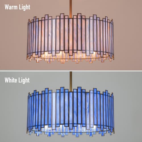 Wrlmfy Drum Chandelier 4-Light, Antique Brass Tiffany Pendant Lighting Fixture with Stained Deep Blue Glass Shade, 16” Round Ceiling Hanging Lamp for Bedroom Dining Room Kitchen Entryway Living Room by Wrlmfy - Image 3