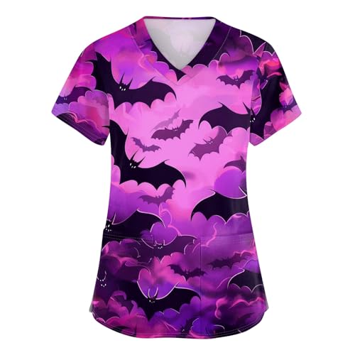 OIOLOYJM Halloween Christmas Scrub Tops Women Print V Neck Short Sleeve Plus Size Scrubs for Womens Shirts with Pockets