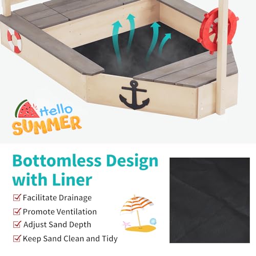Pirate Ship Kids Sandbox with Cover, Wooden Sandbox with Storage Bench, Seat, Sink, Outdoor Sand Box for Backyard Garden, Kids Sand Boxes for Aged 3-8 Years Old, Children Playset Sandpit (Light Wood)