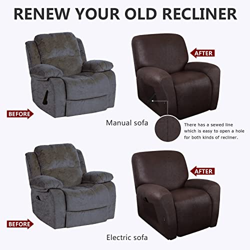 Molasofa Leather-Look Spandex Recliner Chair Covers,4-Piece Recliner Cover With Pocket,Soft Non Slip Recliner Covers For Recliner Chair,Washable Furniture Protector(Chocolate) #TOP6