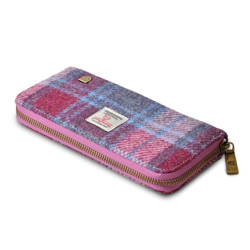 Image of Islander HarrisTweed & PU Leather women's long zip purse, Carry Cash & card, Scottish Style, Pink and Blue Tartan