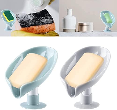 Pipihome 2Pcs Soap Holder, Leaf-Shaped Soap Dish, Leaf Shape Self Draining Soap Holder with Suction Cup Creative Soap Box Perforation-Free for Shower, Bathroom, Kitchen, Bath Tub (Gray+Green)