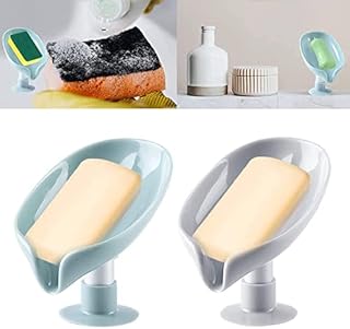 Pipihome 2Pcs Soap Holder, Leaf-Shaped Soap Dish, Leaf Shape Self Draining Soap Holder with Suction Cup Creative Soap Box Perforation-Free for Shower, Bathroom, Kitchen, Bath Tub (Gray+Green)