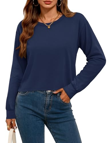 YUCOLEN Long Sleeve Shirts for Women Crew Neck Crop Tops UPF 50+ Soft Breathable Loose Casual Tshirt Daily Wear Navy Blue S
