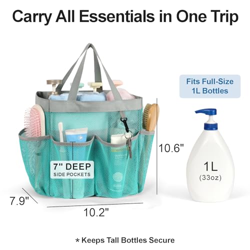 F-color Mesh Shower Caddy Portable, Upgrade Deeper 7 Pockets Shower Bag Basket Bag for College Dorm Room Toiletry Bathroom Essentials Gym Camp Quick Dry 2 handles with S Hook, Mint Green — view 3
