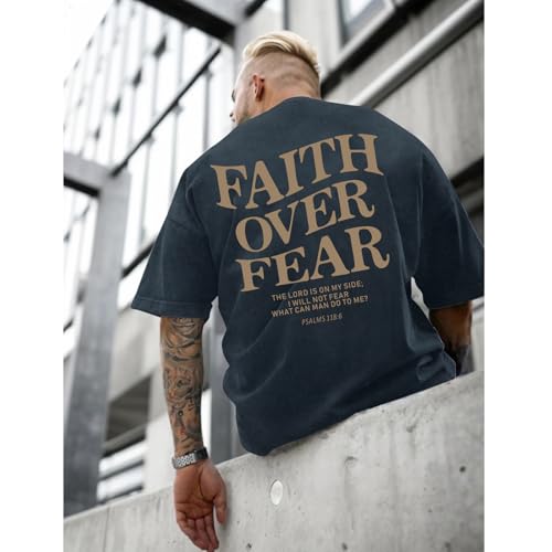 Image of Christian Faith Over Fear Shirt for Men Jesus Religious Shirts Oversized Graphic Tees Acid Wash God T-Shirt