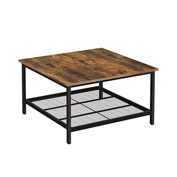 VASAGLE Coffee Table, Square Cocktail Table with Spacious Table Top, Robust Steel Frame and Mesh Storage Shelf, Industrial Style, for Living Room, Rustic Brown and Black LCT065B01