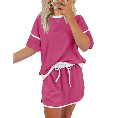 Rapbin Women's 2 Piece Sets Summer Casual Short Sleeve Tops Matching Drawstring Mini Skirt Going Out Lounge Outfits