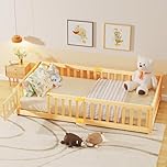 Meulbaty 190 x 90 cm Toddler Floor Bed, Montessori Floor Bed with Rails & Lockable Door, Twin Size Kid Beds for Toddlers 1-3 Years Old - Natural Wood