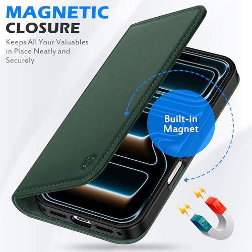 SHIELDON Genuine Leather Case Wallet for iPhone 17 6.3-inch 5G 2025 | Folio, Wallet, Magnetic Closure, Kickstand, RFID Blocking Card Slots, Full Protection, Soft Phone Cover - Evergreen by SHIELDON - Image 7