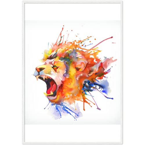 Aquarelle Lion rugissant - Grand art mural animal avec cadre blanc prêt à accrocher