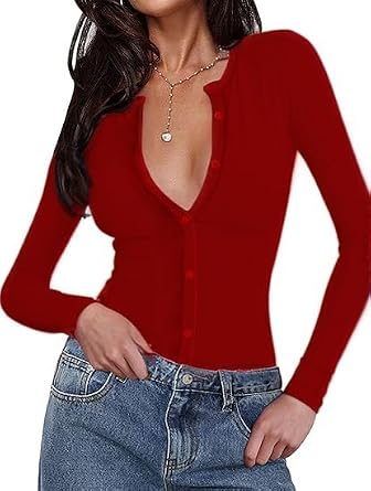 INFITTY Womens Deep V Neck Button Long Sleeve Bodysuit