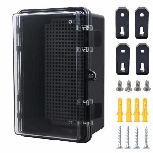 Otdorpatio Junction Box, Hinged Black Clear Cover IP67 Waterproof ABS Project Box with Mounting Plate Electrical Box Enclosure with Wall Bracket 8.3 x 5.1 x 4.3inch(210x130x110mm)