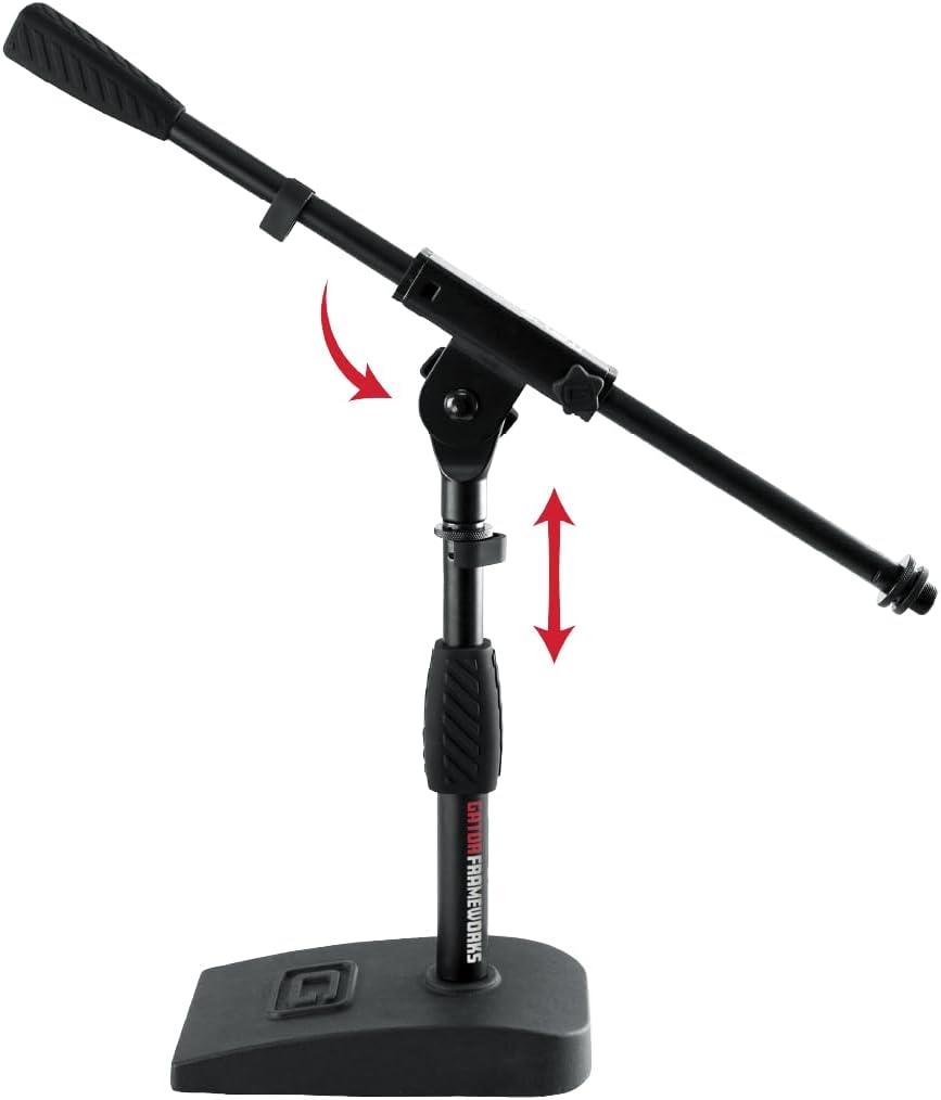 Gator Frameworks Short Weighted Base Microphone Stand With Soft Grip Twist Clutch, Boom Arm, And Both 3/8" 5/8" Mounts; Dimensions - 4.5" X 8" (Gfw-Mic-0821)