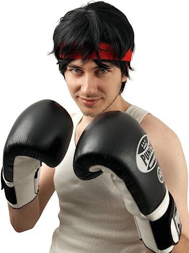 ALLAURA The Boxer Rocky Wig and Red Headband - Mens Short Fluffy Dark Black Wig Halloween Costume Wig Cosplay Party Wig - Men's Wigs Black Short Shaggy Style Cosplay Halloween Costumes