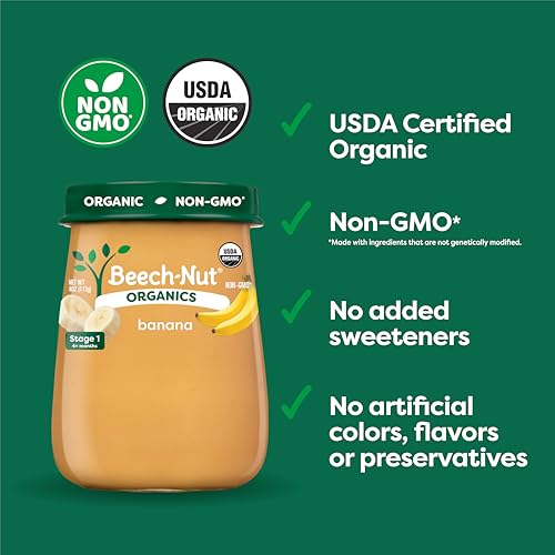 Beech-Nut Organic Baby Food Jars, Organic Banana Puree, Stage 2 Baby Food for Babies 6 Months and Up, Non-GMO, 4oz Glass Jars, 10ct