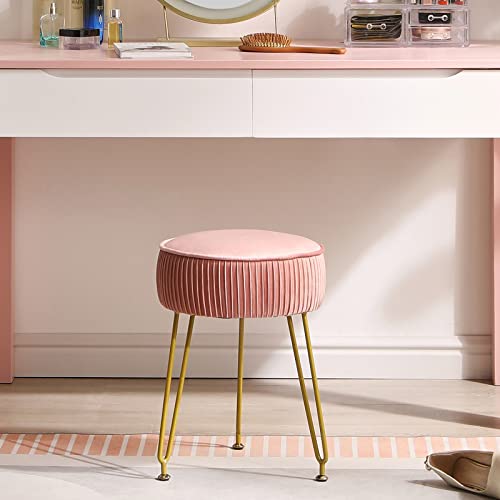 IBUYKE Samt Runde Fußstütze Hocker Ottoman, Make-up Eitelkeits Beistelltisch, Samt Ankleidetisch Sitz, Pouf Couch Hocker, goldene Stahlbeine, rosa L/G-30P