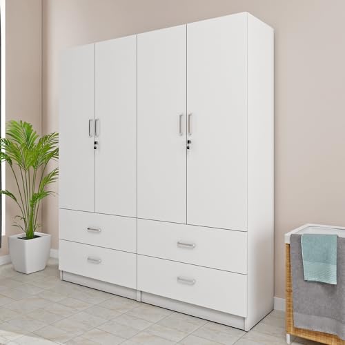 Image of VIKI Wardrobe | Wooden Almirah for 4 Door 4 Drawer with Shelves & Hanging Space Wardrobe (Frosty White - 40D x 160W x 180.8H) | 1 Year Warranty | Free Assembly