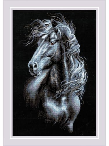 Image of RIOLIS - Breeze Through Mane 1494, Counted Cross Stitch Kit 11,81 inch x17,72, Black Horse Embroidery Kit, Cross Stitch Patterns for Adults with Horse, Cross Stitch Kits for Adults Advanced & Beginners