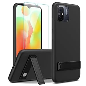 Case Xiaomi Redmi 12C/Poco C55 Phone Case with Glass Screen Protector, [3 Stand Ways] Metal Kickstand/Stand Silicone TPU Shockproof Protective Cover Case for Xiaomi Redmi 12C – Black