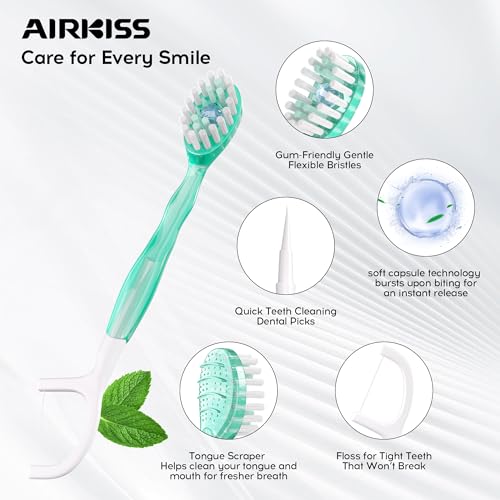 airkiss Disposable Travel Toothbrushes with Toothpaste Bead, Mini Disposable Toothbrush on The Go, Individually Wrapped with Mouthwash, Toothbrush, Toothpick, Dental Floss and Tongue (Cooling Mint) — view 2
