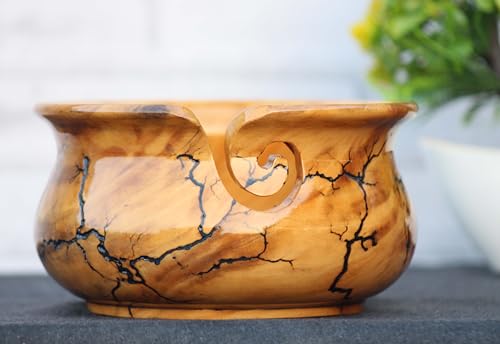 Image of Handmade Yarn Bowl - Lichtenberg Figure Yarn Bowl - Yarn Bowls with Holes Crochet Bowl Holder - Wooden Yarn Bowl for Knitting Yarn Ball Holder - Resin Yarn Storage Bowl 7 inch x 4 inch inches (Medium)