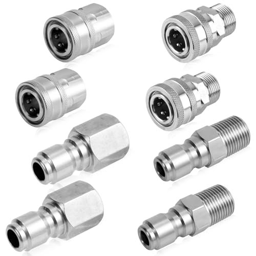 8pcs Pressure Washer Fast Connect, 3/8in Pressure Washer Adapter Set Male & Female Thread Power Washer Fittings Couplers Stainless Steel Quick Connector kits Accessories for Garden Hoses Pumps
