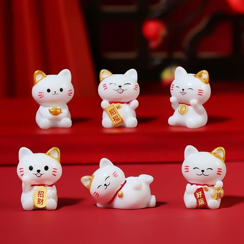 12 Mini Figurines Chat Maneki Neko Résine Blanc, sulanmo