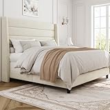 Serein 55' Tall Headboard Queen Bed Frame, Velvet Upholstered Bed Frame Queen Size, Horizontal Channel Vintage Headboard, Platform Bed Frame with Wingback, No Box Spring Needed