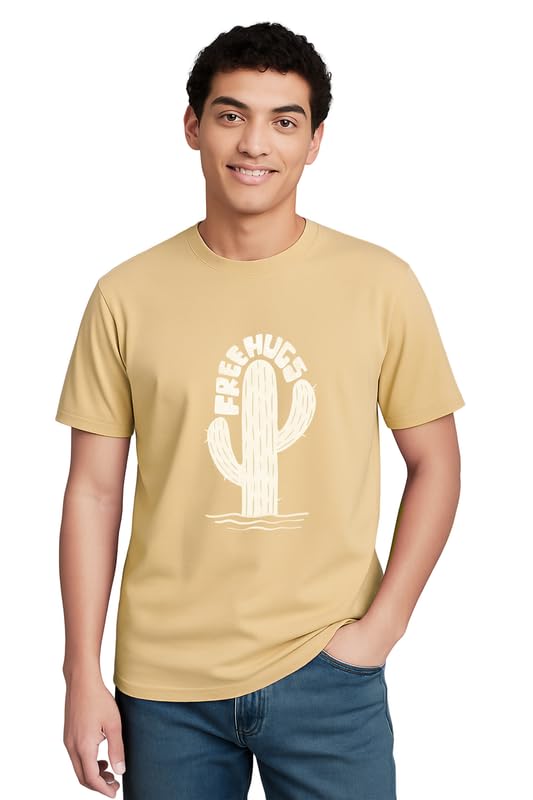 Churrpi Men's Cactus Free Hugs Printed Regular Fit T-Shirt, Half Sleeve, Round Neck, 100% Cotton T-Shirt for Boys, Free Hug - Light Brown_S-image-17