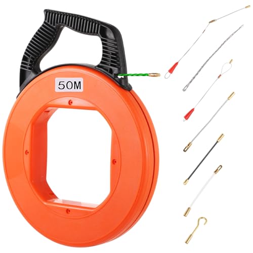 Kabeleinzugsset mit 7 Kopfverbindern, 4,5 mm Durchmesser und 164 ft Glasfaser-Einzugsspule, Einzugsspule, Draht-Einziehband, Einziehhilfe mit 7 Führungsfedern, Kunststoffgehäuse（4mm-50M）